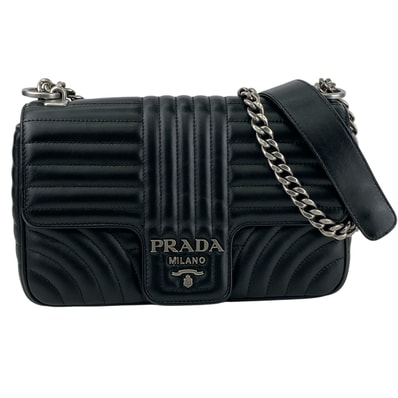 PRADA プラダ ダイアグラム チェーンショルダーバッグ ショルダーバッグ レザー ブラック レディース【中古】