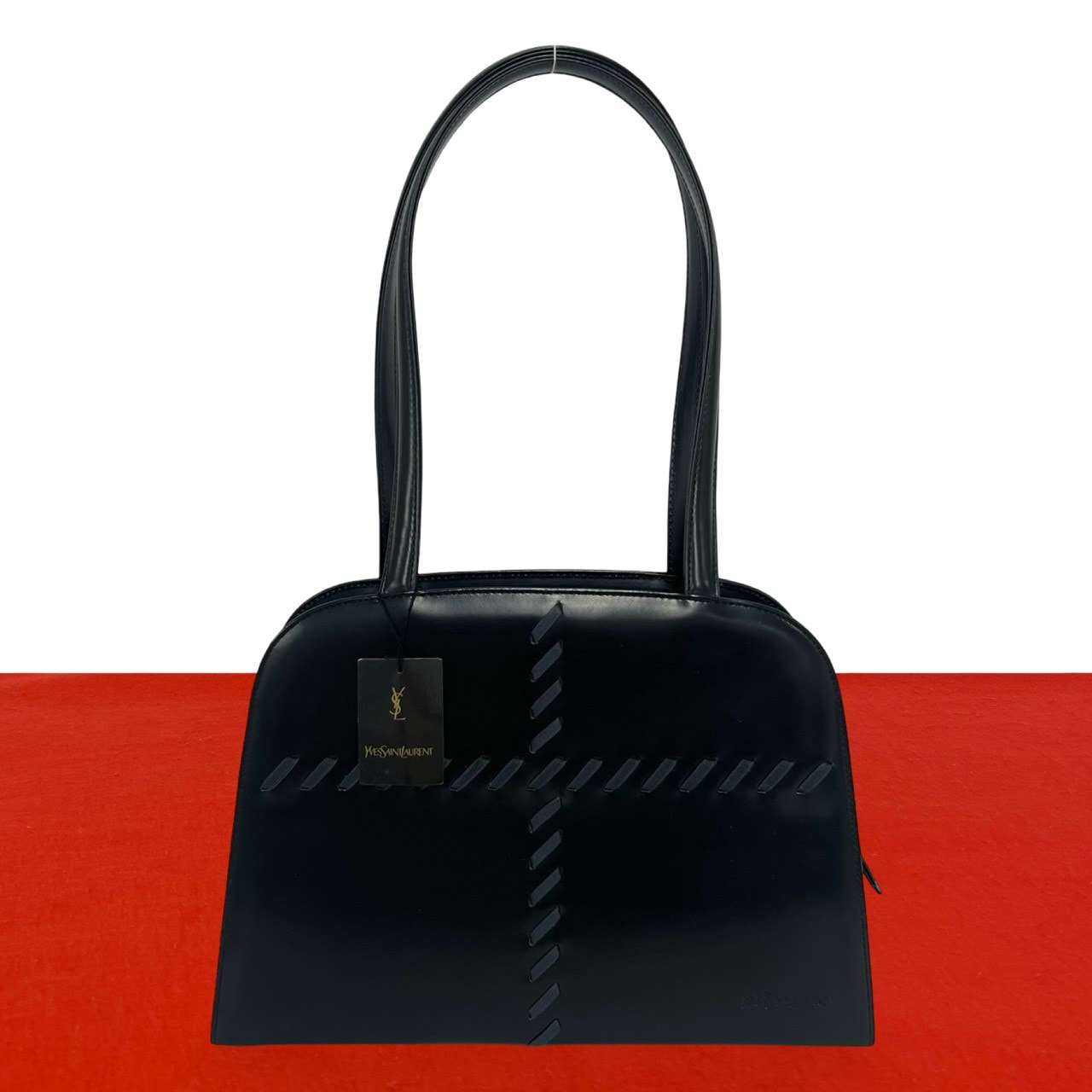 YVES SAINT LAURENT イヴ・サンローラン ロゴ ステッチ レザー ハンドバッグ ブラック
17395