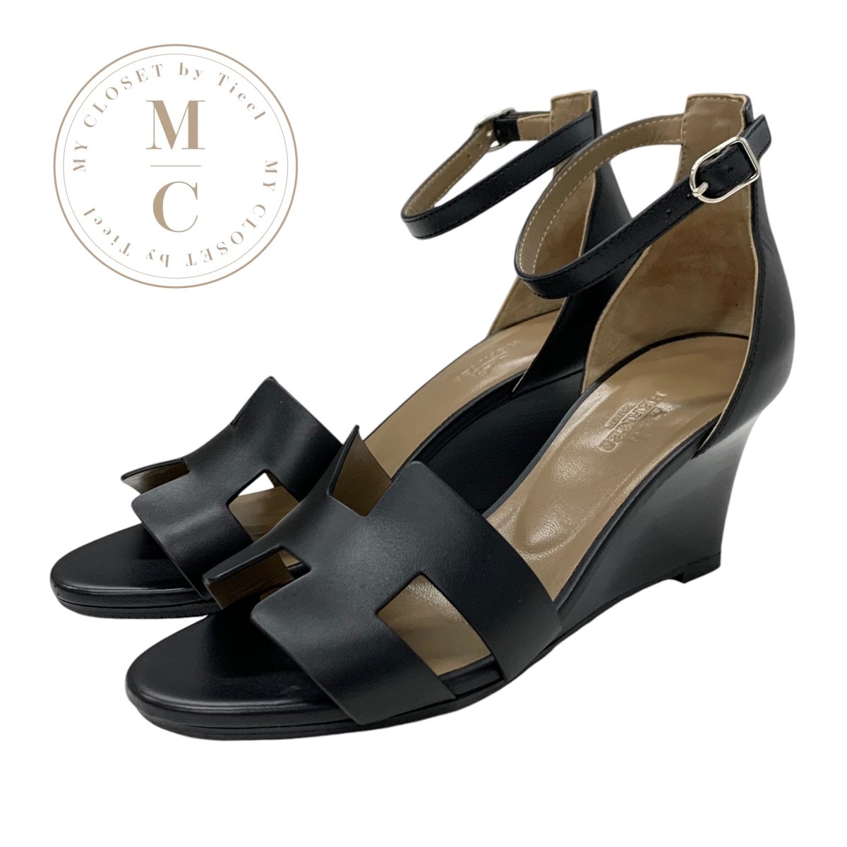 エルメス HERMES レジェンド サンダル 靴 シューズ レザー ブラック 黒 ウェッジソール アンクルストラップ