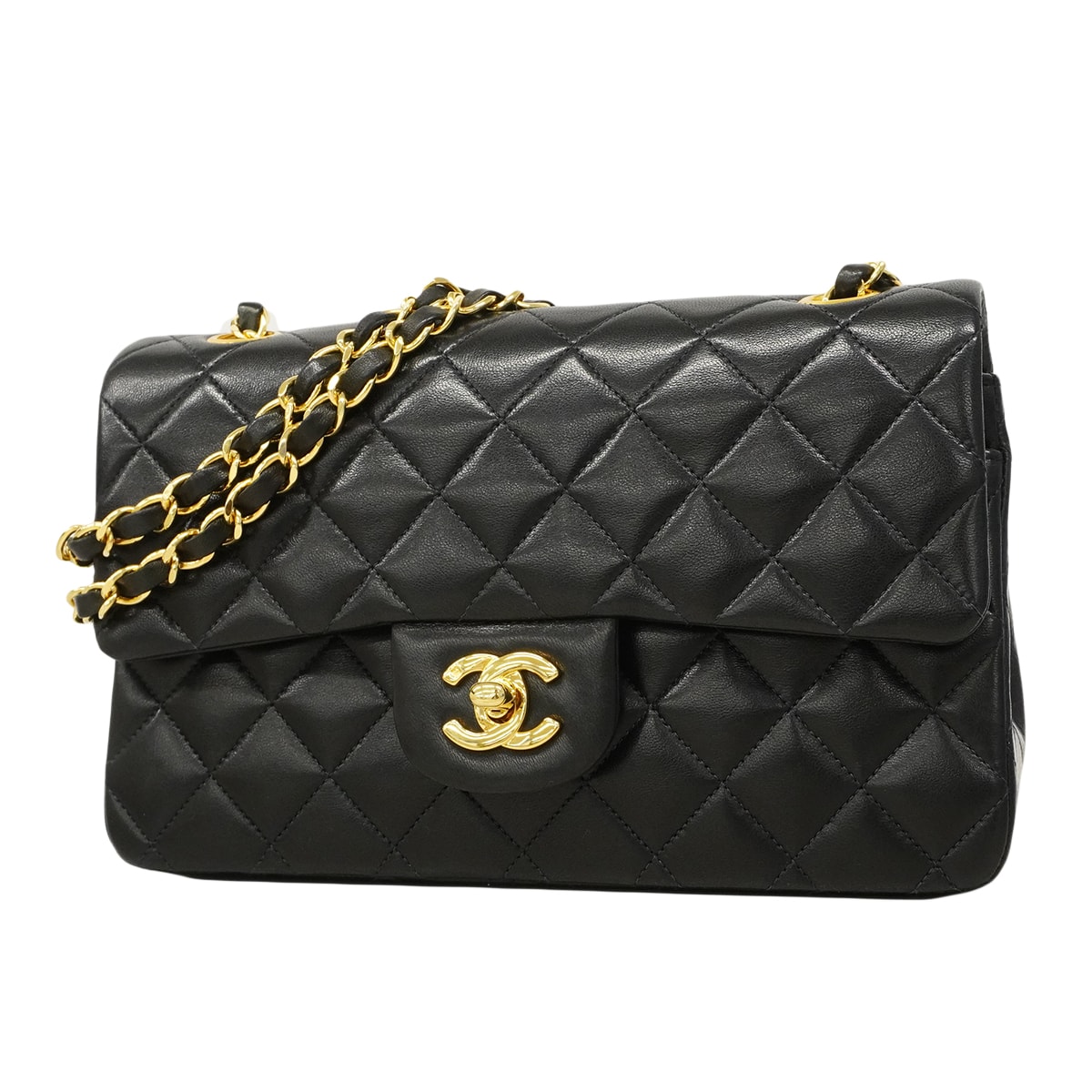 【6fa0222】シャネル ショルダーバッグ マトラッセ Wフラップ Wチェーン ラムスキン ブラック ゴールド金具【中古】レディース