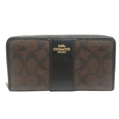【中古】 コーチ 長財布(ラウンドファスナー) F54630 シグネチャー PVC レザー ダークブラウン ブラック 小物 ジッピー レディース 女性 COACH