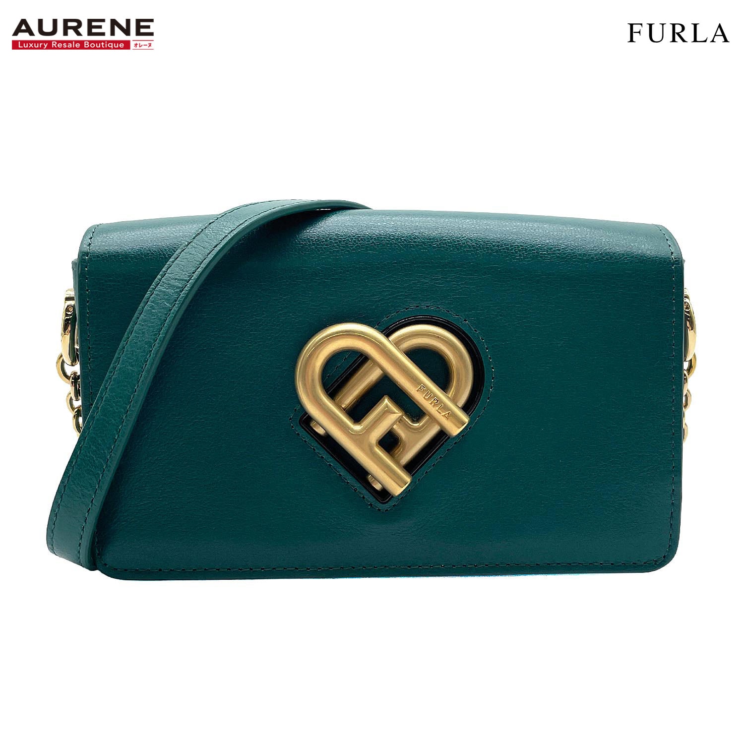 Furla フルラ ショルダーバッグ マイジョイ ミニ チェーン ハート ターンロック WB00705 レザー グリーン レディース 【中古】