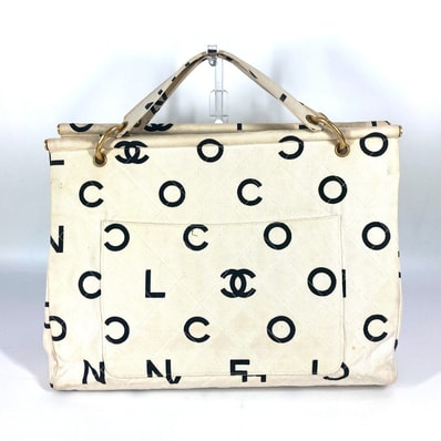 シャネル CHANEL 総柄 ロゴ ヴィンテージ カバン トートバッグ ハンドバッグ キャンバス ホワイト