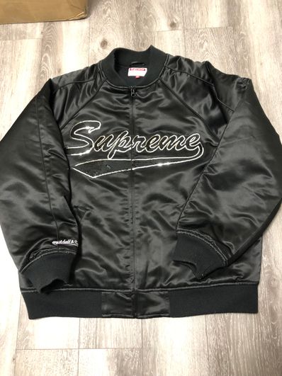 Supreme Mitchell & Ness Sequin Logo Varsity Jacket "Black"