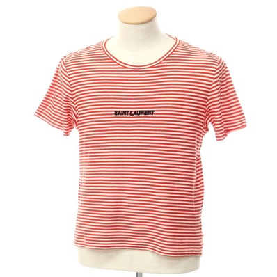 【中古】サンローランパリ SAINT LAURENT PARIS ハイゲージコットン 半袖ニットTシャツ レッドxオフホワイト【サイズXS】【メンズ】