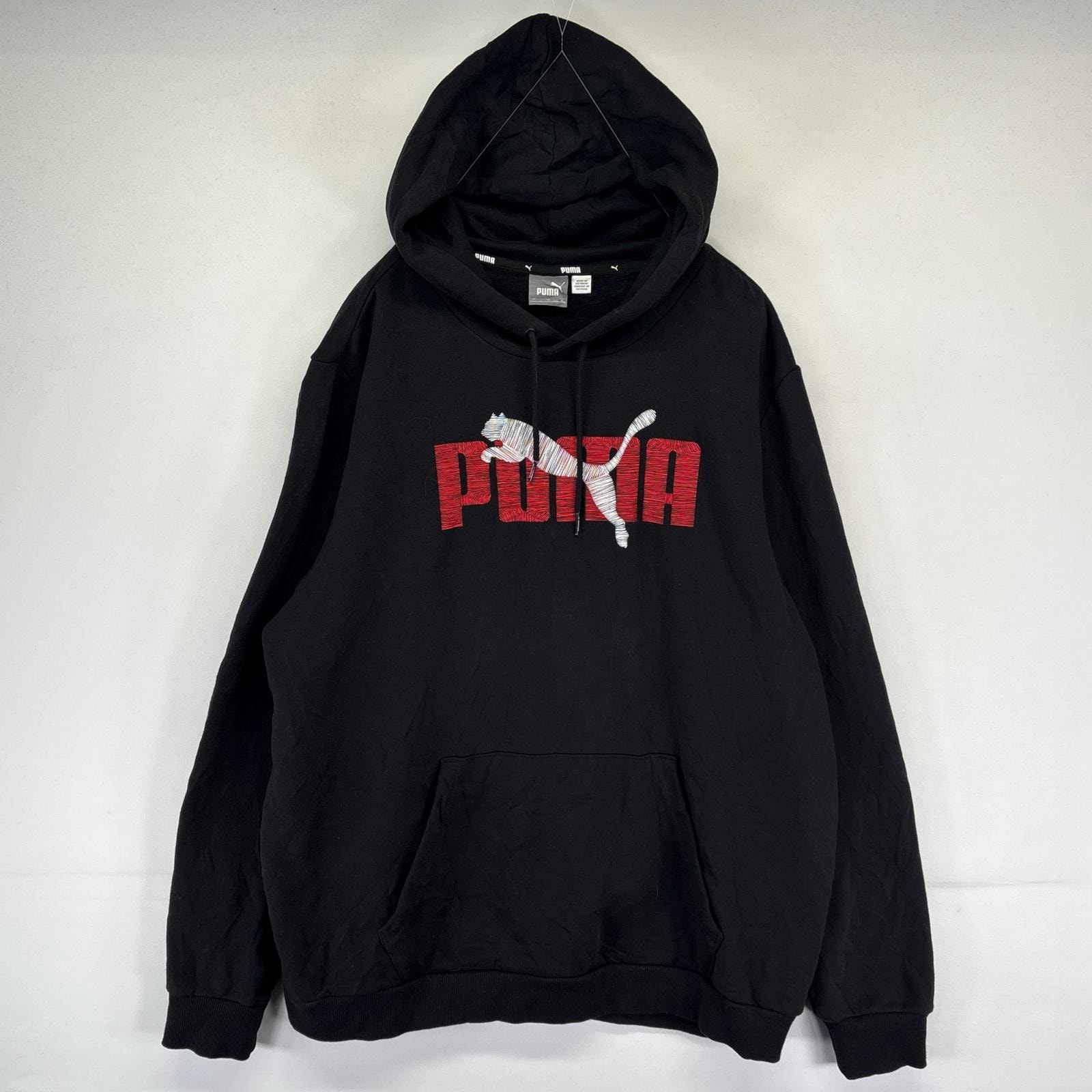 古着 プーマ PUMA パーカー プルオーバー ビッグロゴ スウェット フーディ XL  ブラック系 メンズ