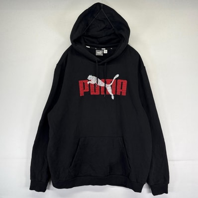 古着 プーマ PUMA パーカー プルオーバー ビッグロゴ スウェット フーディ XL ブラック系 メンズ