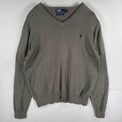 古着 90's/90年代 ポロバイラルフローレン Polo by Ralph Lauren コットンニットセーター Vネック ワンポイントロゴ刺繍 14041 グレー メンズ
