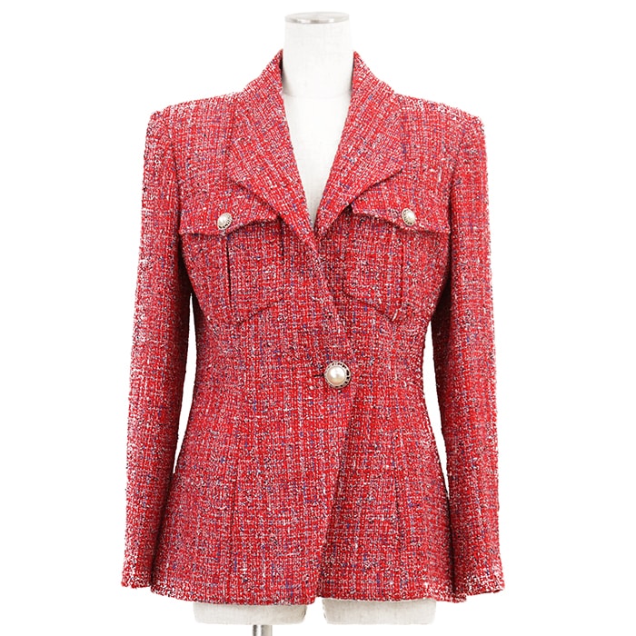 【極美品】CHANEL シャネル テーラードジャケット サイズ 40 レディース P60790 ファンシーツイード シグネチャー ロゴフェイクパールボタン 1B アウター レッド系 赤 フランス製 カール・ラガーフェルド期