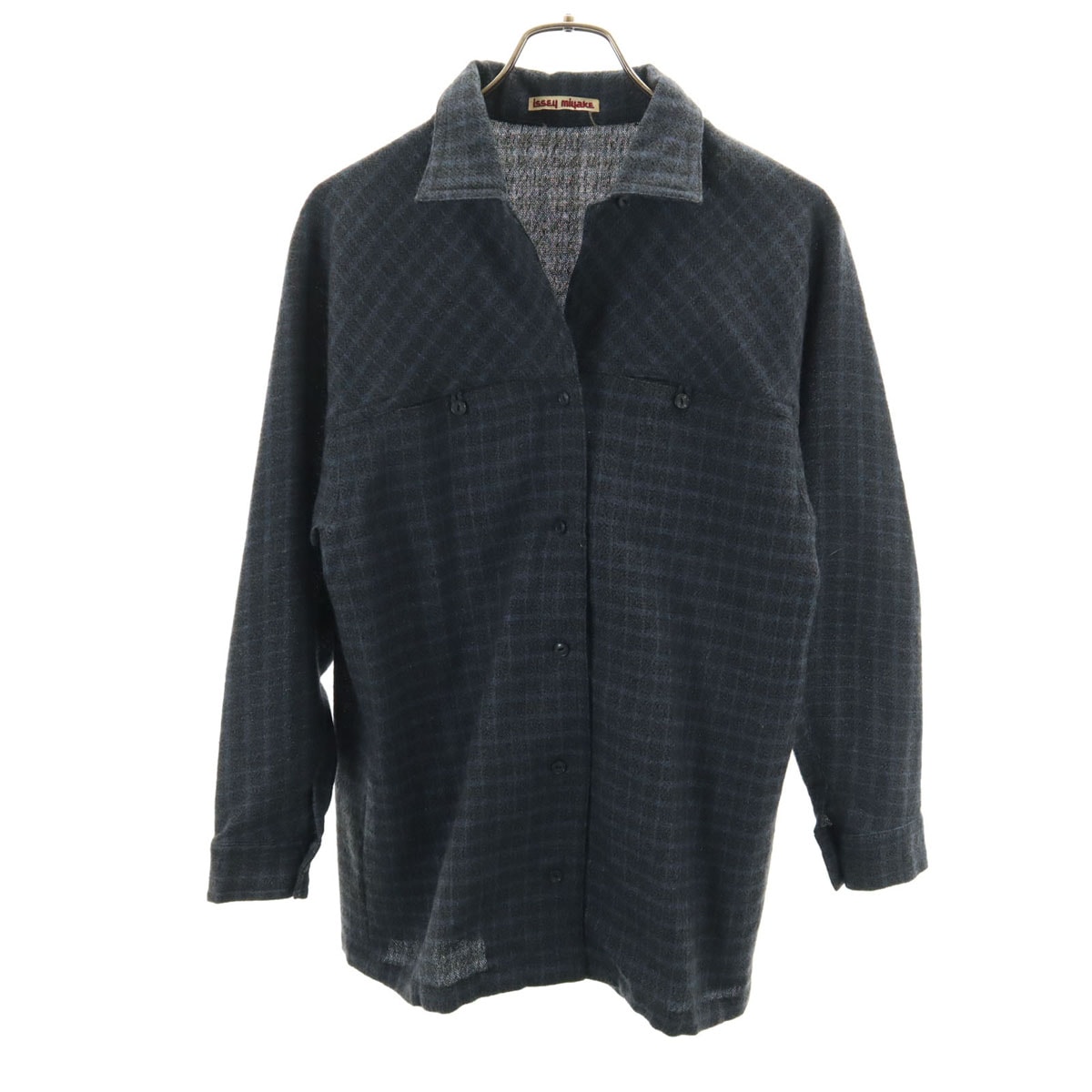 ISSEY MIYAKE イッセイミヤケ 70s 日本製 ヴィンテージ チェック柄 長袖 オープンカラー ウールシャツ 7 チャコールグレー