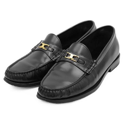 【美品】CELINE セリーヌ ペニーローファー ポリッシュドブル シグネチャー ゴールド トリオンフチャーム レザーソール 革靴 スリッポン シューズ メンズ サイズ 40.5 ブラック 黒 イタリア製