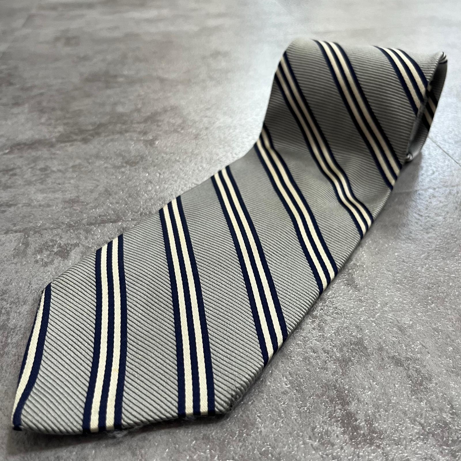 【Brooks Brothers】ブルックスブラザーズ レジメンタル ストライプ ネクタイ グレー ネイビー アイボリー シルク100% アメリカ製 メンズ