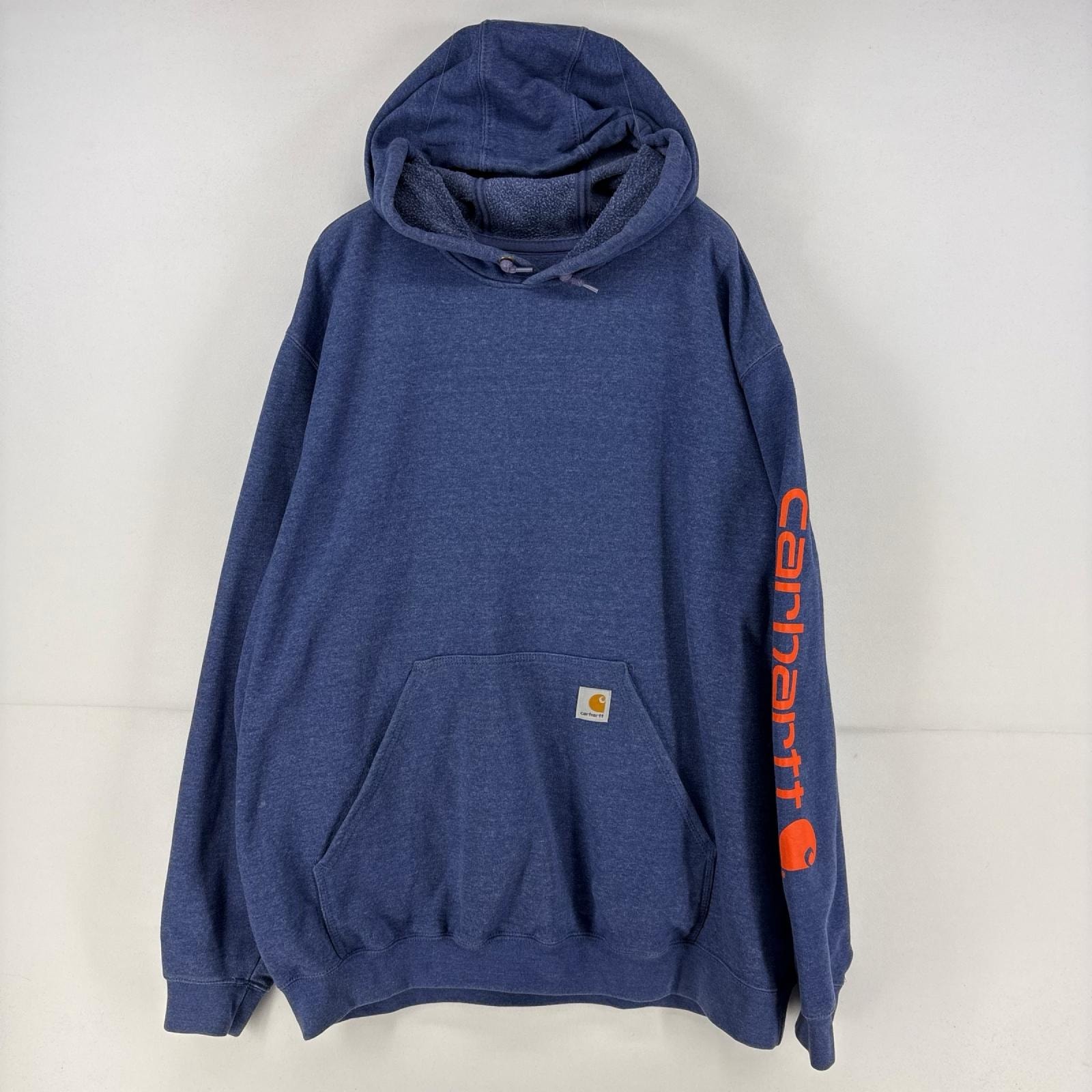 古着 カーハート Carhartt パーカー プルオーバー ロゴ プリント 袖ロゴ スウェット 大きいサイズ XL  ブルー メンズ