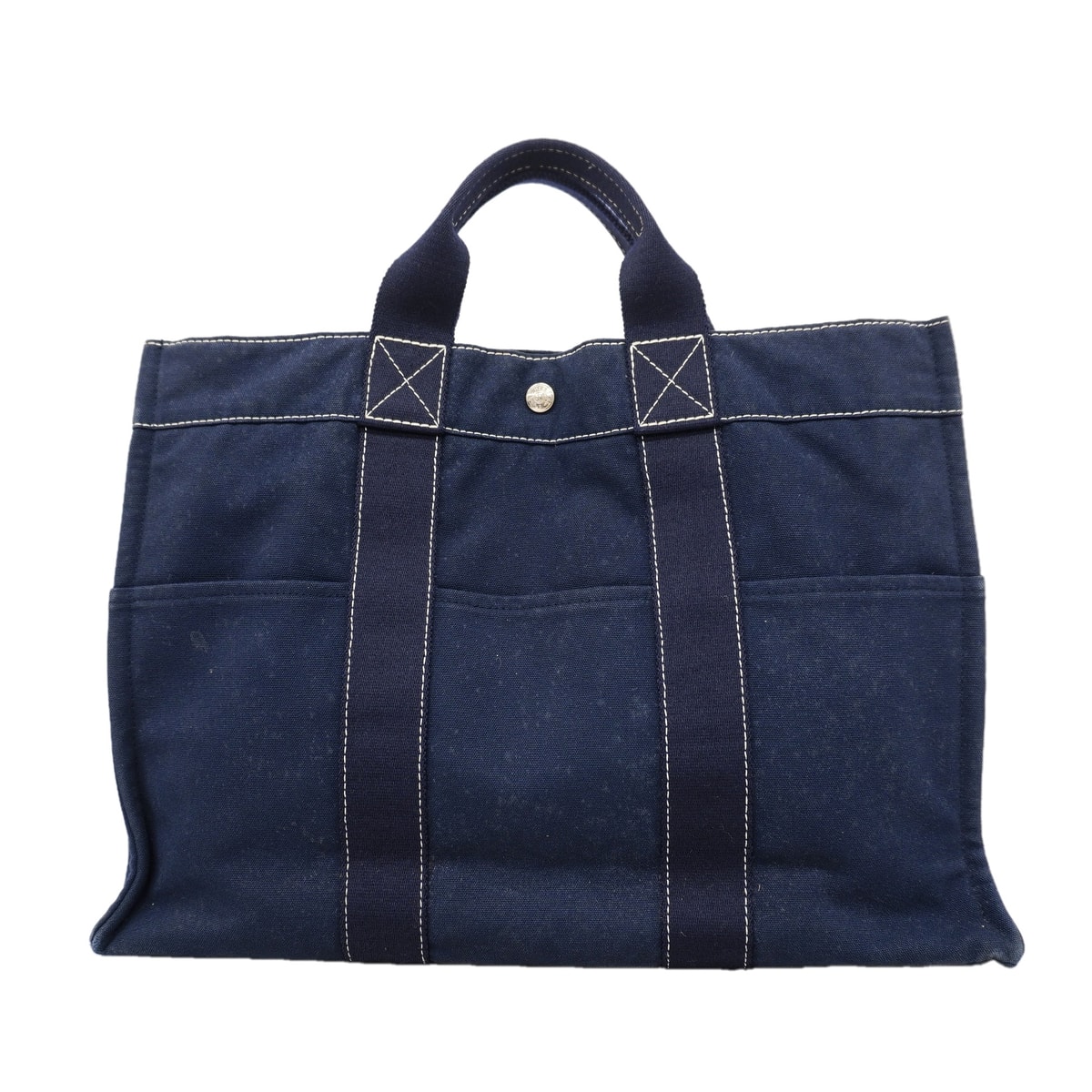 【6ke5248】エルメス トートバッグ ドーヴィルMM キャンバス ネイビー シルバー金具【中古】レディース