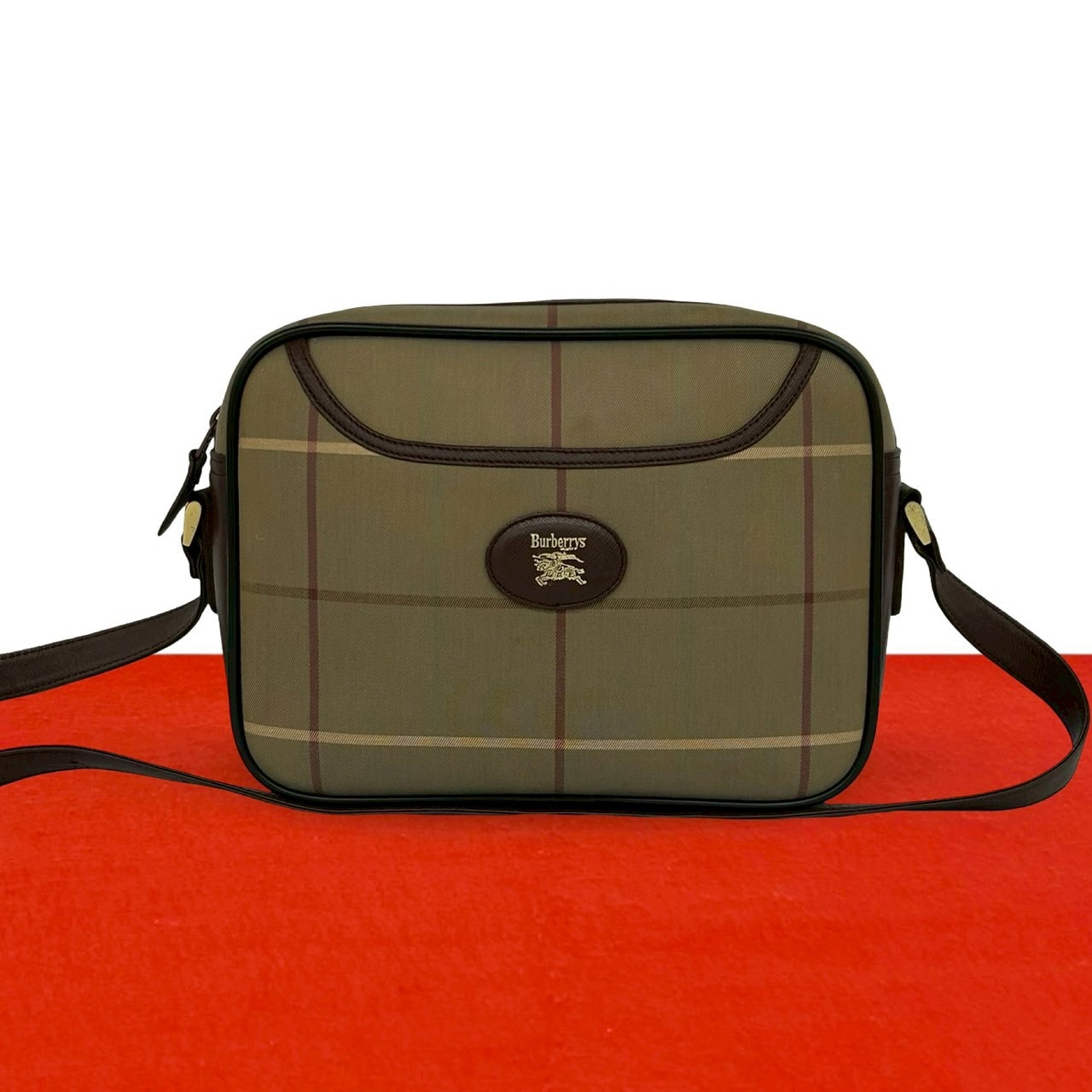 BURBERRY バーバリー シャドーホース ロゴ キャンバス レザー ショルダーバッグ カーキ
 71238