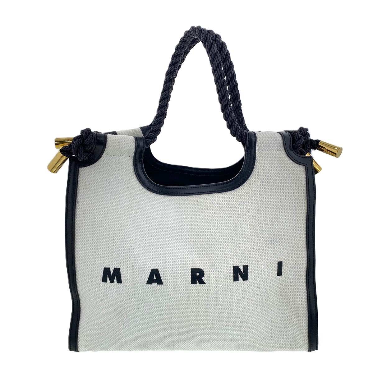 MARNI マルニ マルセル ミディアム キャンバス トートバッグ コットンキャンバス 牛革 ホワイト ブラック ゴールド金具 レディース【中古】