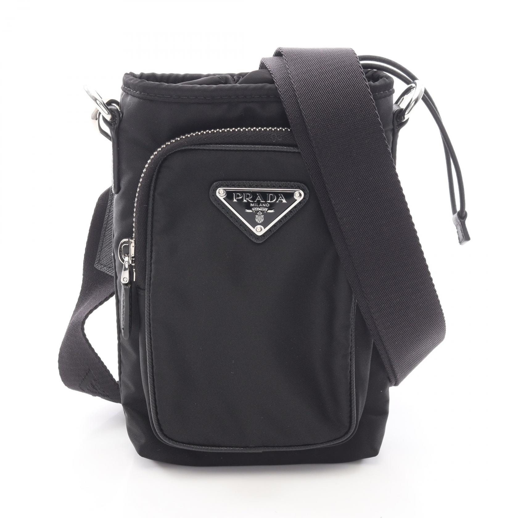 プラダ PRADA トライアングルロゴ フォンホルダー ショルダーバッグ バッグ ナイロン サフィアーノレザー レディース ブラック系 【中古】