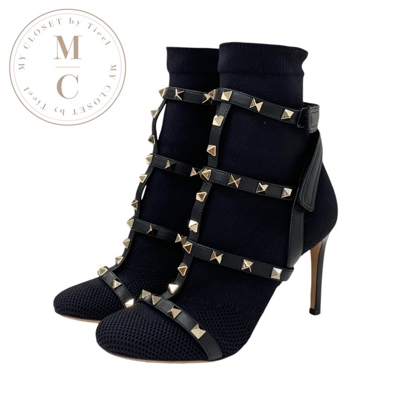 ヴァレンティノ VALENTINO ブーツ ショートブーツ 靴 シューズ ファブリック レザー ブラック 黒 ゴールド ロックスタッズ ニット