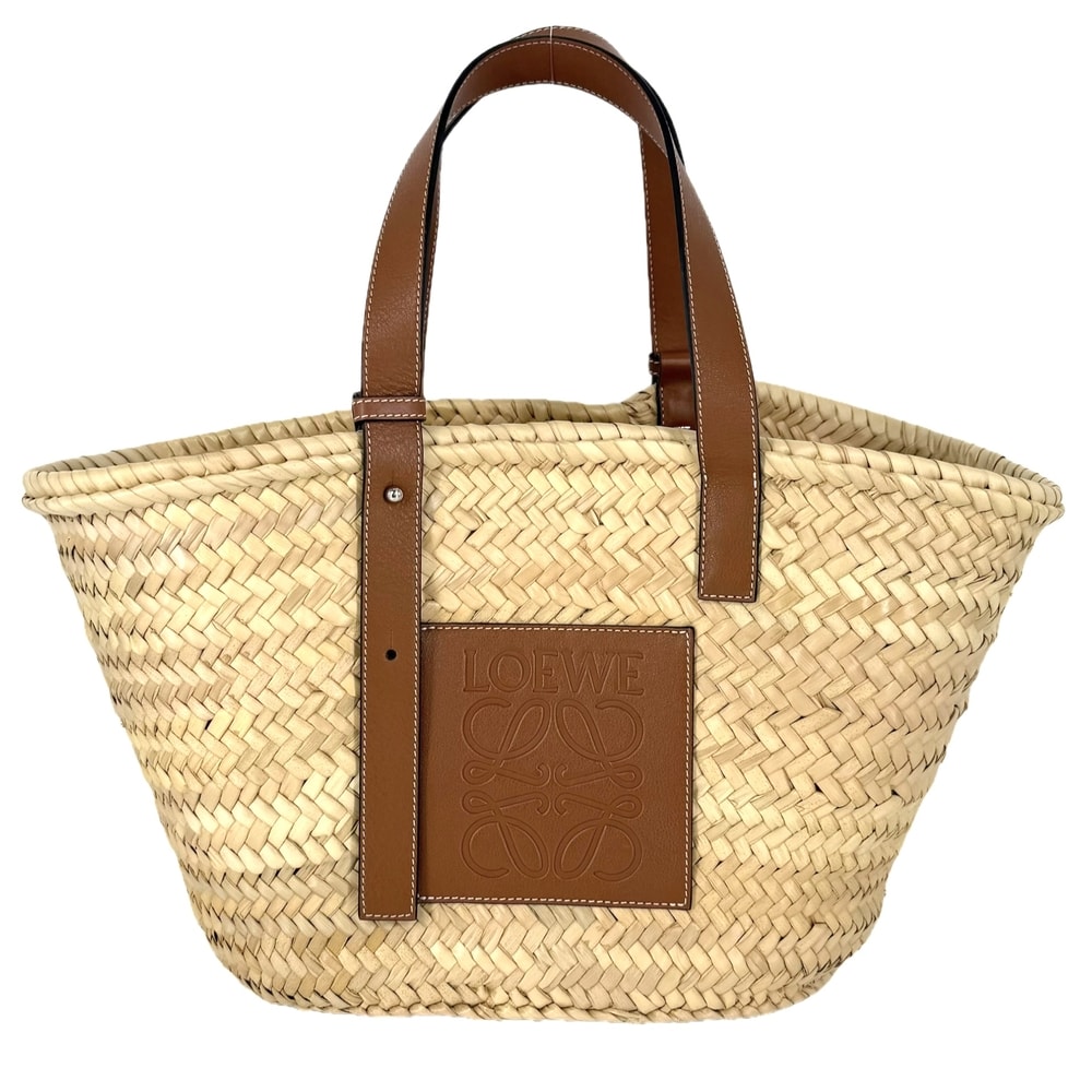 LOEWE ロエベ トートバッグ アナグラム バスケットバッグミディアム かごバッグ ハンドバッグ ラフィア  レザー   ベージュ ブラウン 茶 シルバー金具 レディース【中古品】