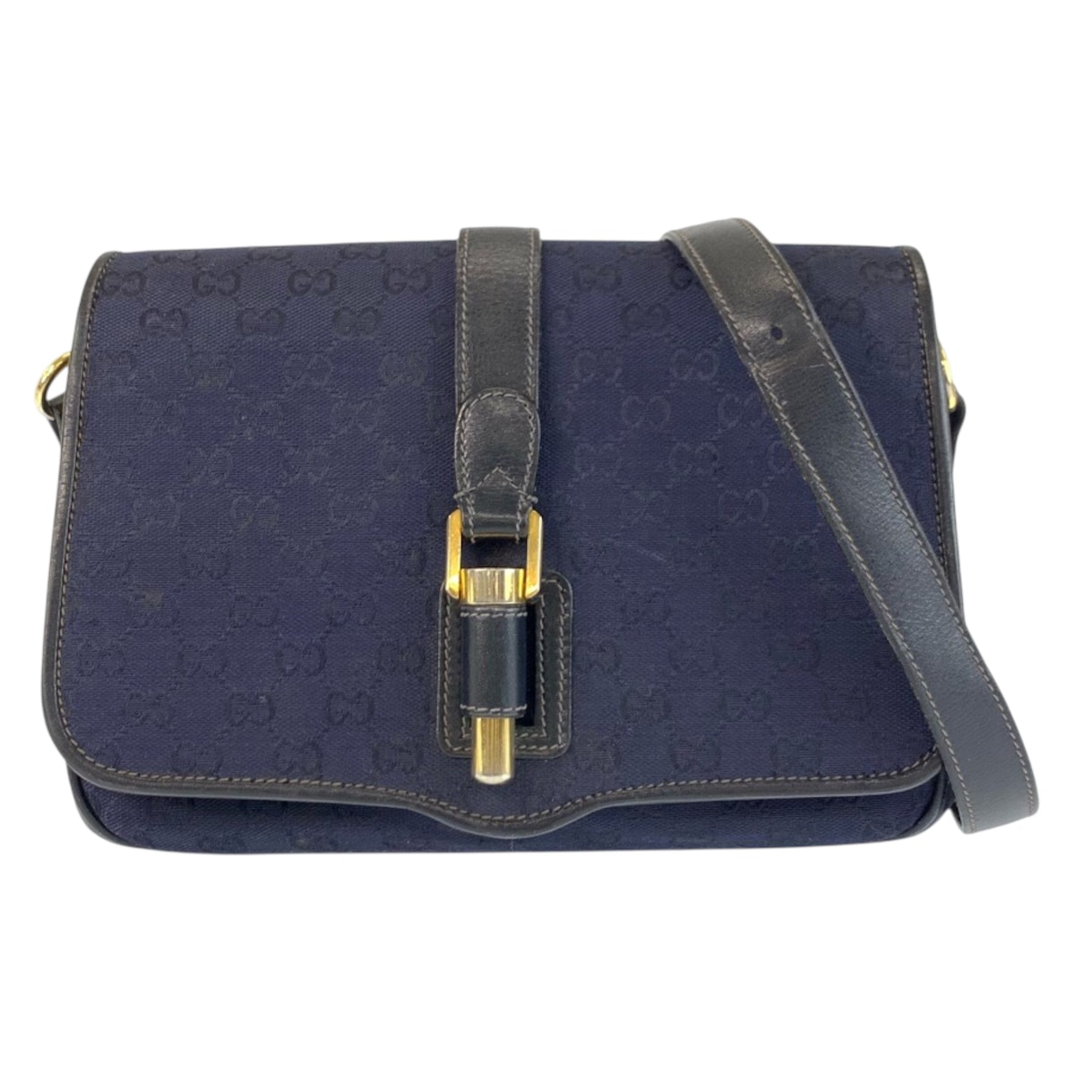 GUCCI グッチ ヴィンテージ ネイビー ゴールド金具 GGキャンバス レザー/ ショルダーバッグ ポシェット 601342 【中古】