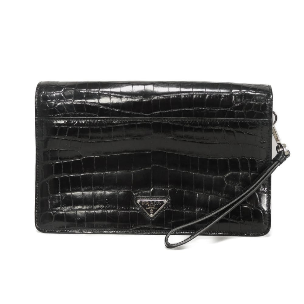 PRADA プラダ コッコドリーロ リストストラップ バッグ トライアングルロゴ ブラック シルバー セカンドバッグ エキゾチック クロコダイル ネロ クラッチバッグ VR0094