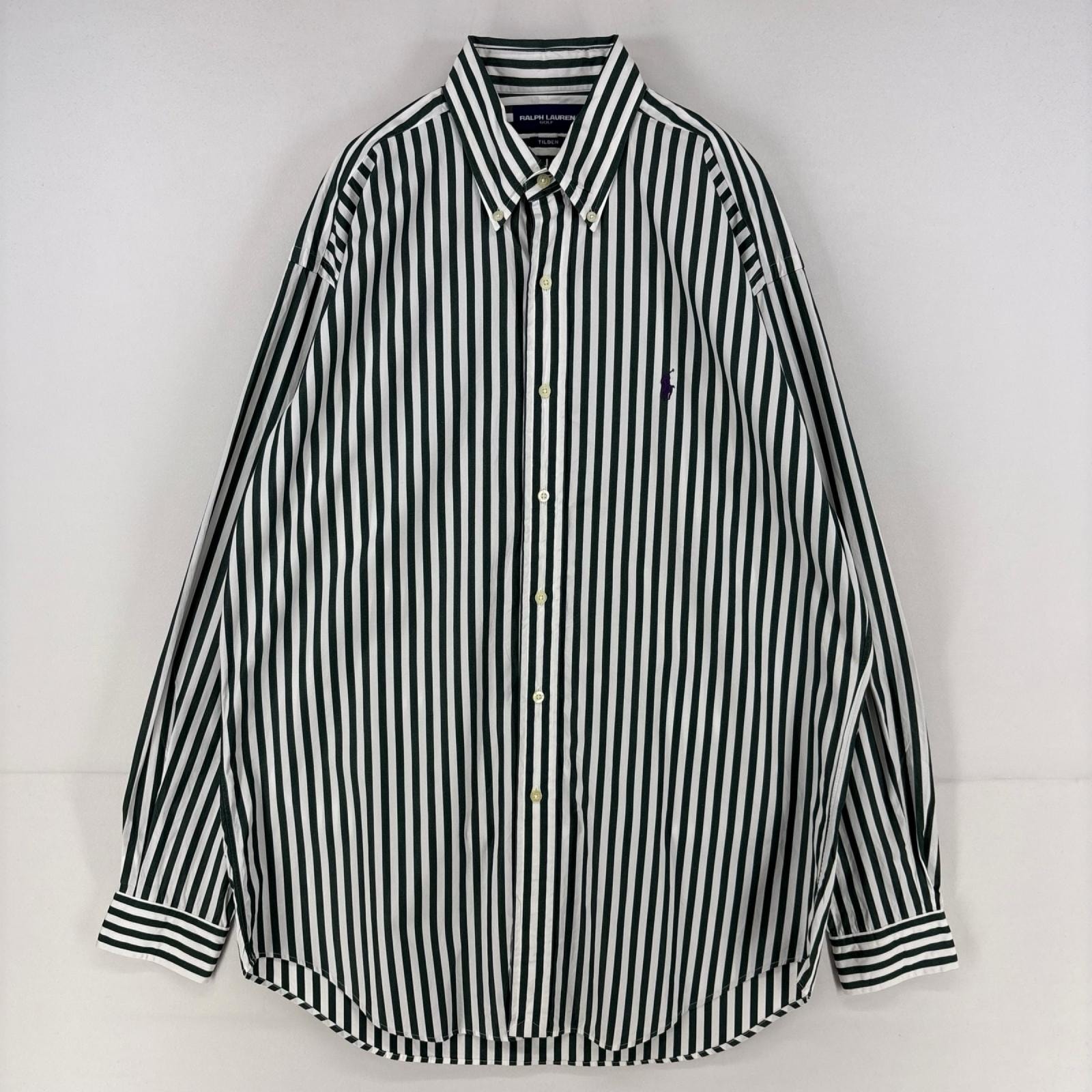 古着 ラルフローレン RALPH LAUREN 長袖シャツ ボタンダウン TILDEN ワンポイントロゴ ゴルフ M グリーン系 ストライプ メンズ