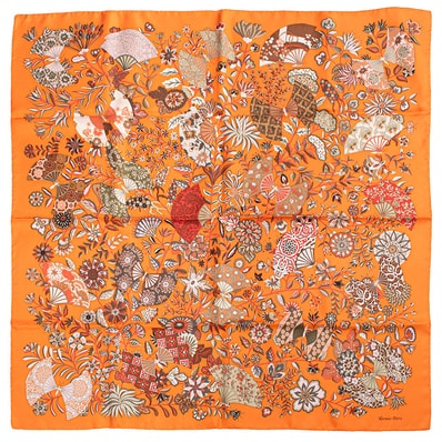 HERMES エルメス スカーフ カレ90 Fleurs et papillons de Tissus 花咲く織物 シルク オレンジ マルチカラー【中古】