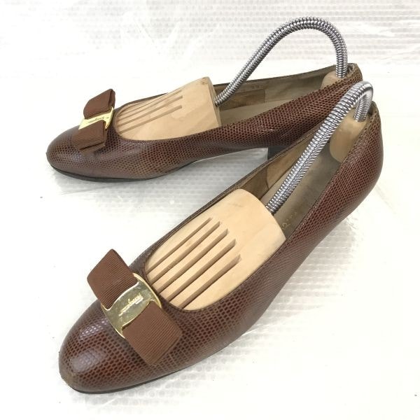 サルヴァトーレフェラガモ★リボンパンプス【6.5C/23.0-23.5/茶/BROWN】レザー/靴/sandal/Shoes/pumps◆bQ-528