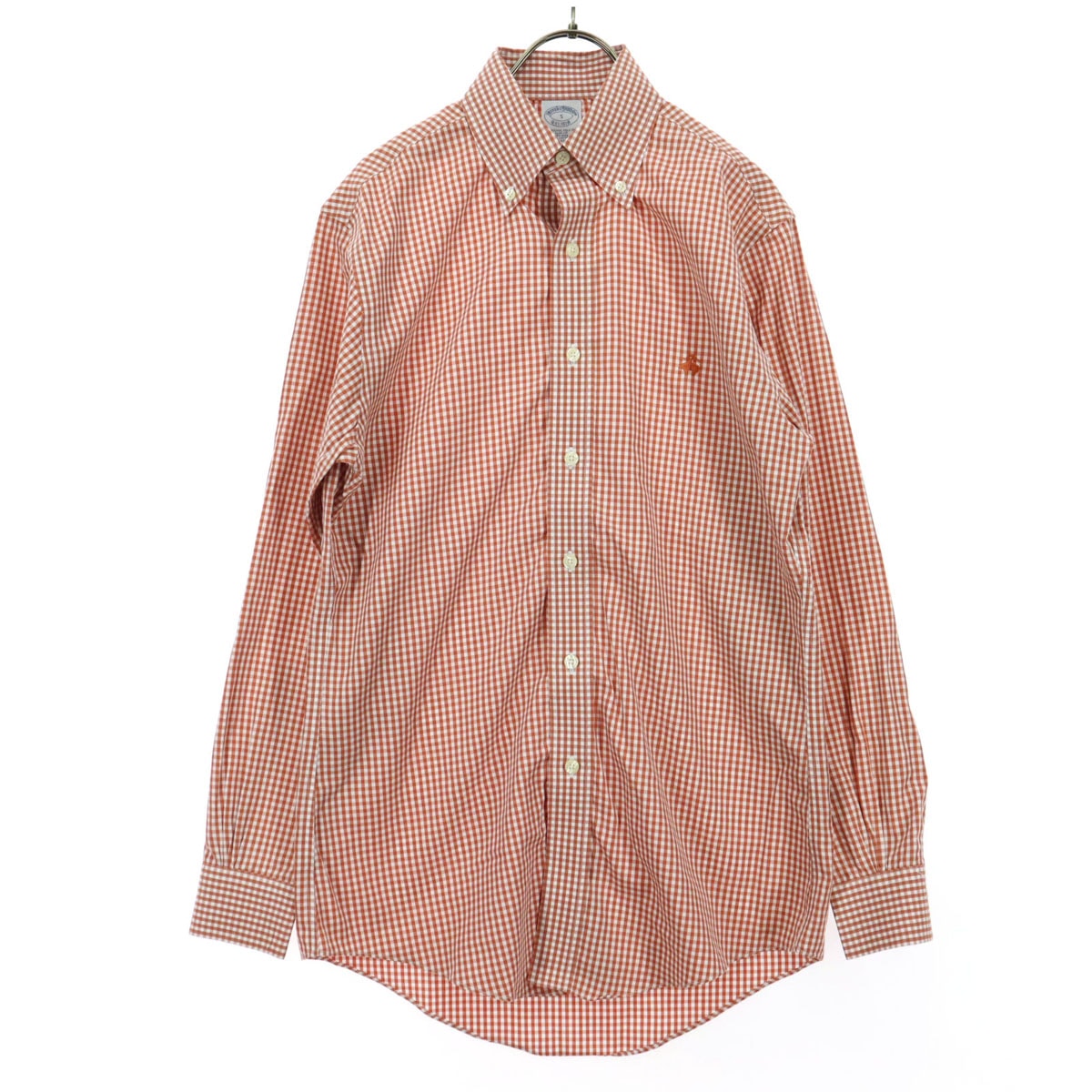 美品 Brooks Brothers ブルックスブラザーズ コットン ギンガムチェック ワンポイントロゴ 長袖 ボタンダウンシャツ S オレンジ系