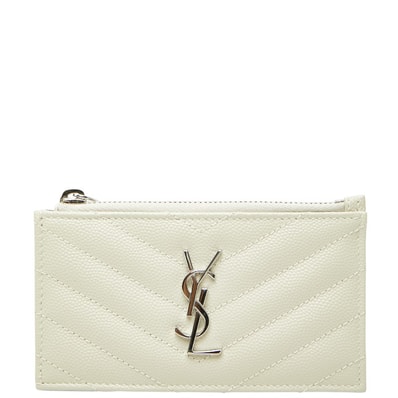 サンローラン カサンドラ YSLロゴ フラグメントケース ジップカードケース アイボリー シルバー レザー レディース SAINT LAURENT 【中古】