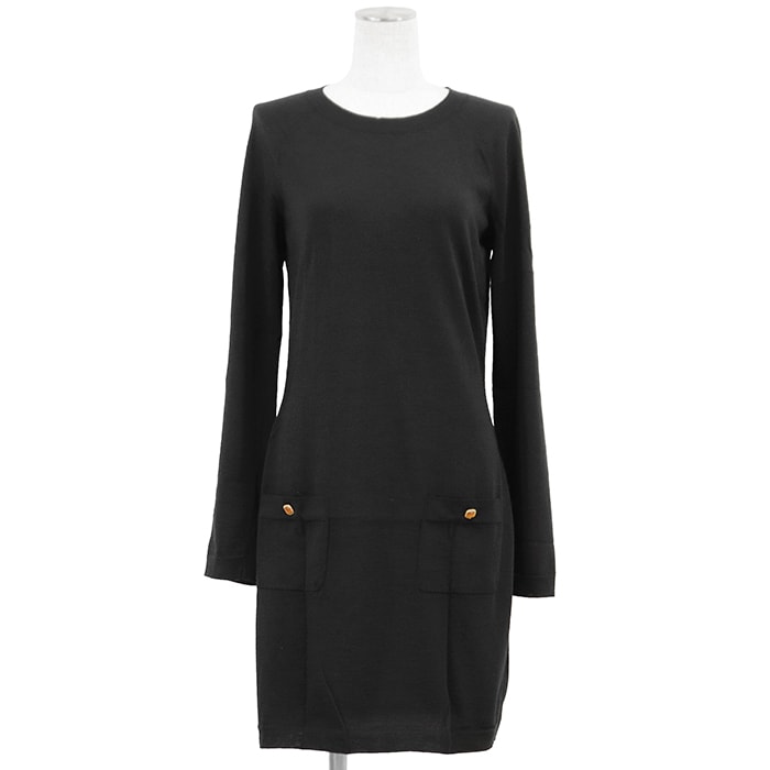 【美品】CHANEL シャネル ニットワンピース サイズ 38 レディース P41723 カシミヤ100% ロゴ COCOマーク ゴールドボタン プルオーバー ロングスリーブ 長袖 ドレス ブラック 黒 イタリア製 カール・ラガーフェルド期
