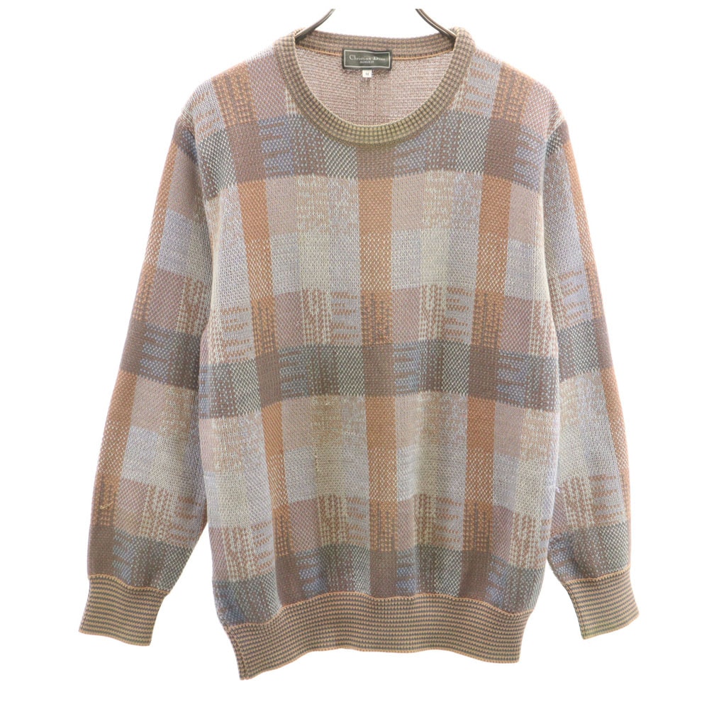 Christian Dior MONSIEUR クリスチャンディオール ムッシュ 90s オールド リネンブレンド 総柄 長袖 セーター M オレンジ