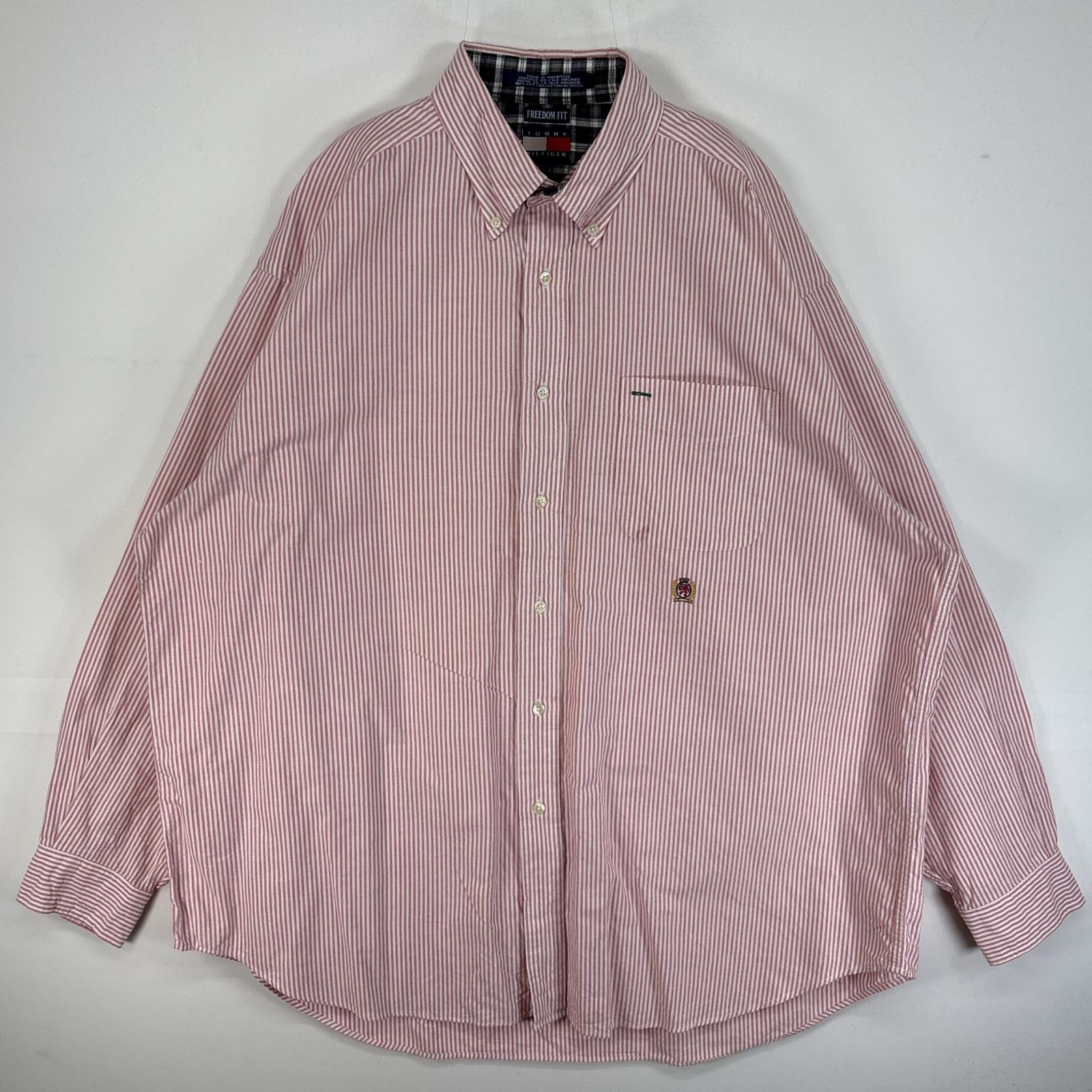 古着 90's/90年代 トミーヒルフィガー TOMMY HILFIGER 長袖シャツ 旧ロゴ 刺繍 ボタンダウン 胸ポケ L  ピンク ストライプ メンズ