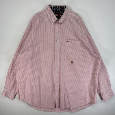 古着 90's/90年代 トミーヒルフィガー TOMMY HILFIGER 長袖シャツ 旧ロゴ 刺繍 ボタンダウン 胸ポケ L ピンク ストライプ メンズ