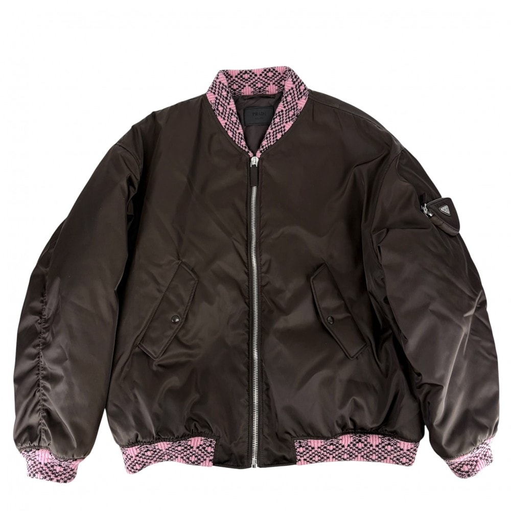 PRADA プラダ ブルゾン ボンバージャケット 服 アウター M SGB895 ブラウン 茶 ピンク シルバー金具  ポリアミド   メンズ 冬【中古品】