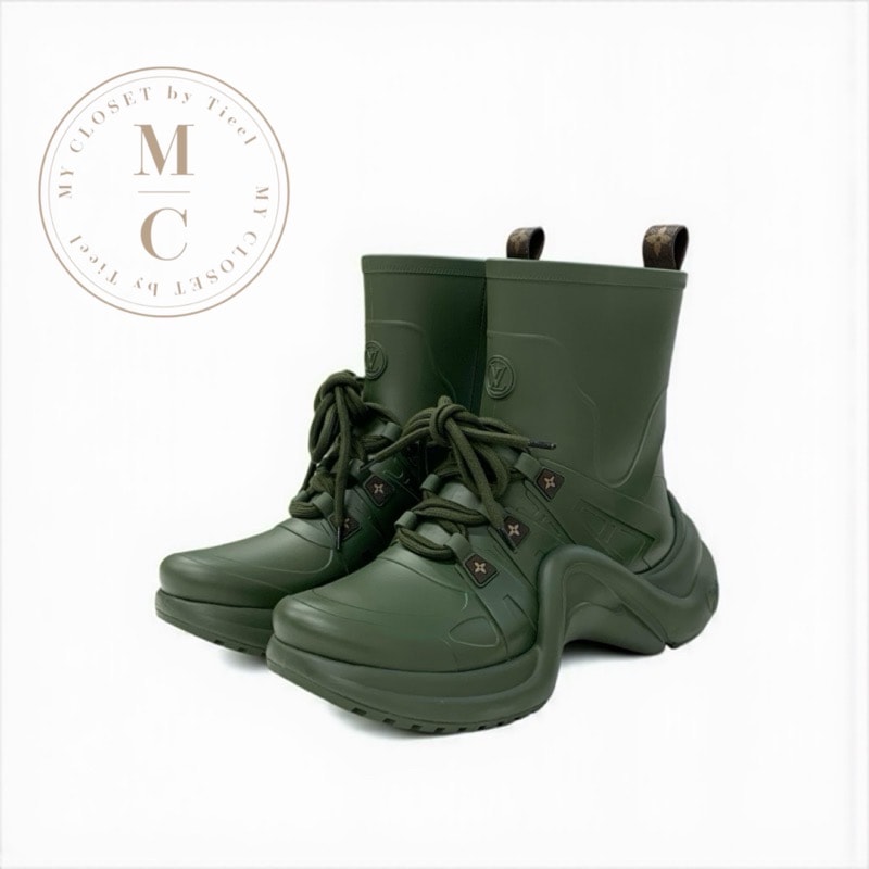 ルイヴィトン LOUIS VUITTON アークライトライン モノグラム ブーツ ショートブーツ 靴 シューズ ラバー カーキ LVサークルロゴ レースアップ レインブーツ