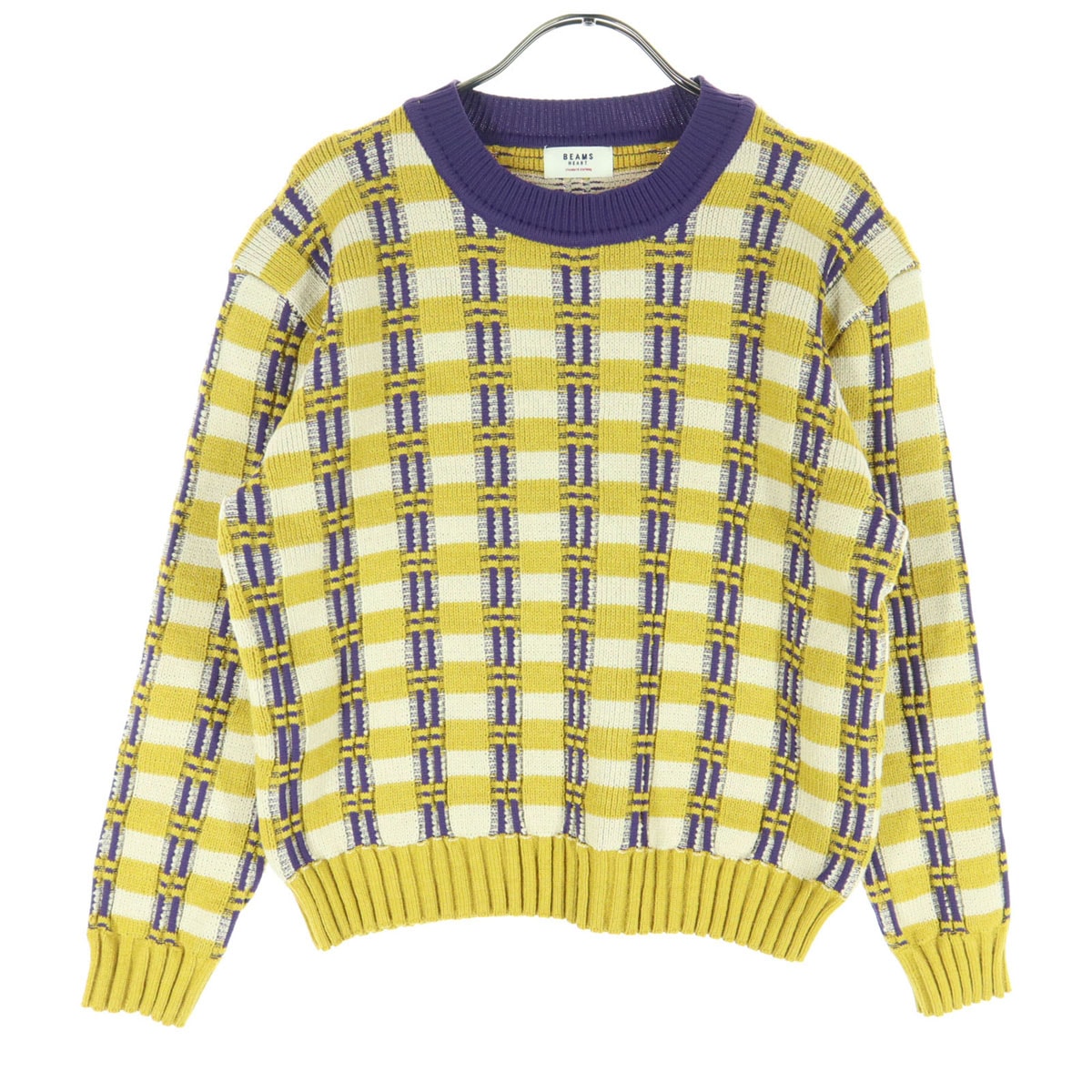 美品 BEAMS HEART ビームスハート チェック柄 長袖 ニット イエロー系