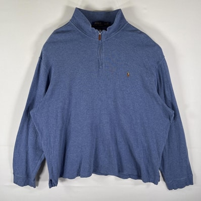 古着 ポロ・ラルフローレン POLO RALPH LAUREN スウェット トレーナー ワンポイントロゴ刺繍 ニット ハーフジップ 14041 水色系 メンズ