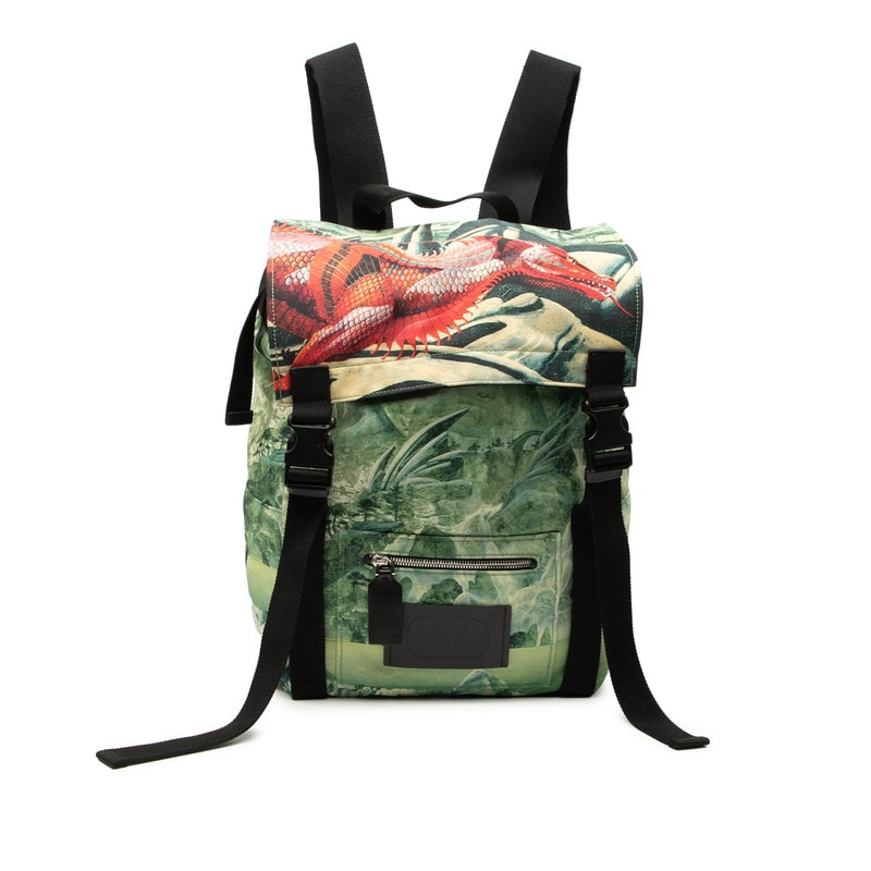 ヴァレンティノ ドラゴンプリント リュック バックパック グリーン レッド ナイロン レザー メンズ VALENTINO 【中古】