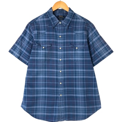 古着 ラルフローレン Ralph Lauren POLO RALPH LAUREN INDIGO OXFORD チェック柄 半袖 ウエスタンシャツ メンズL相当/eaa544778