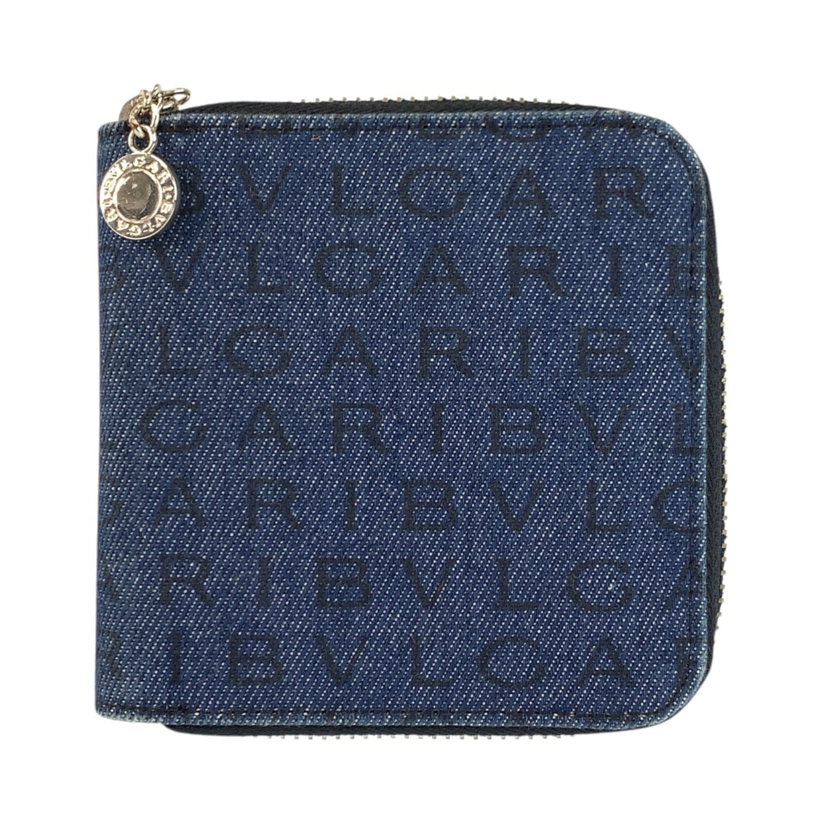 美品 BVLGARI ブルガリ ロゴマニア ブルー ブラック シルバー金具 デニム レザー/ 折り財布 コンパクトウォレット 601947 【中古】