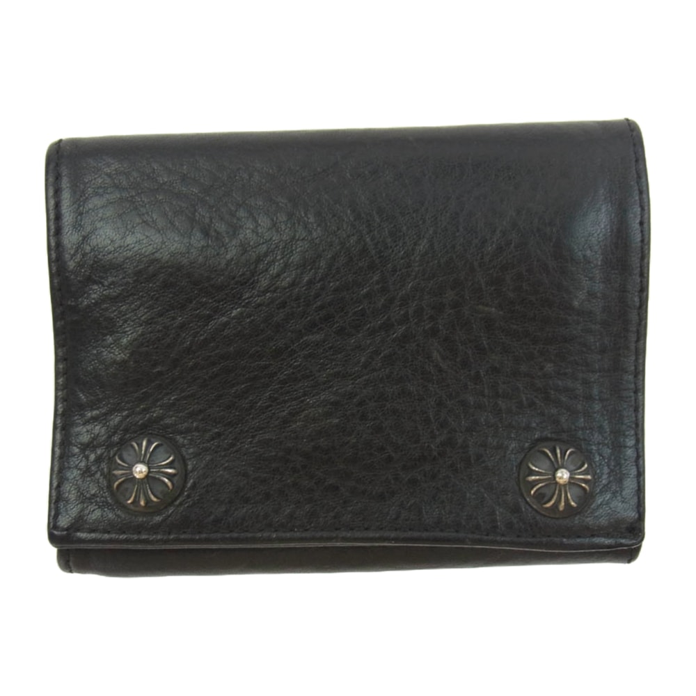 CHROME HEARTS クロムハーツ(原本無) ウォレット 3FOLD 3フォールド レザー ウォレット クロス ボタン ブラック系【中古】