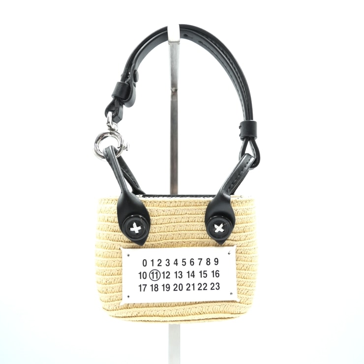 Maison Margiela(メゾン マルジェラ)ミニバッグチャーム ハンドバッグ ラフィア ベージュ ブラック シルバー金具 SA1VL0006 P5391【中古】