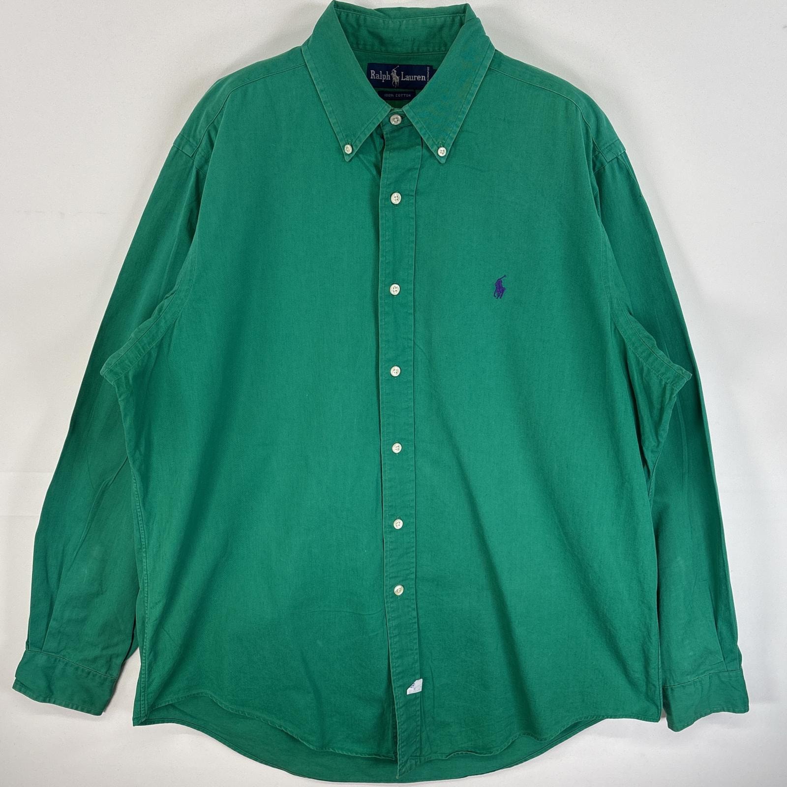 古着 90's/90年代 ラルフローレン RALPH LAUREN 長袖シャツ ワンポイント ロゴ 刺繍 カラーシャツ ボタンダウンシャツ L  グリーン 無地 メンズ