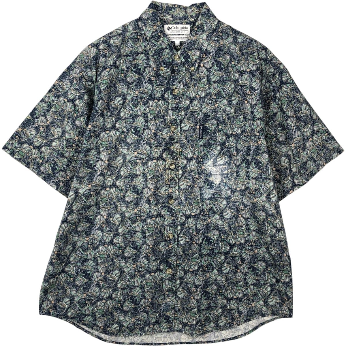 古着 90~00年代 コロンビア Columbia 魚柄 総柄 半袖 ボタンダウンシャツ メンズL相当 ヴィンテージ/eaa641469