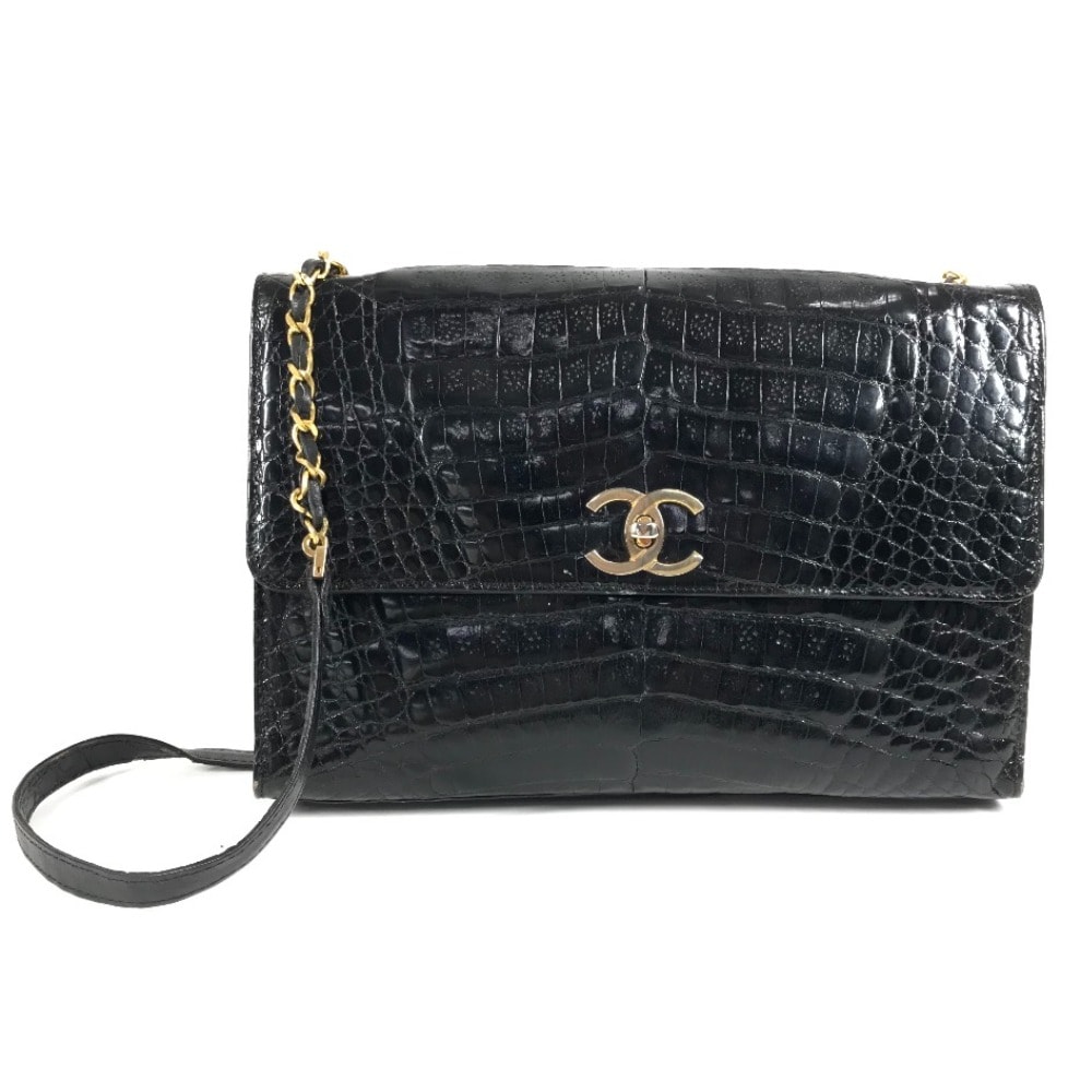 シャネル CHANEL CC ココマーク ロゴ ヴィンテージ クロコダイル シングルチェーン チェーンバッグ フラップ マトラッセ 斜め掛け ヴィンテージシャネル Vintage Chanel ショルダーバッグ クロコダイル ブラック