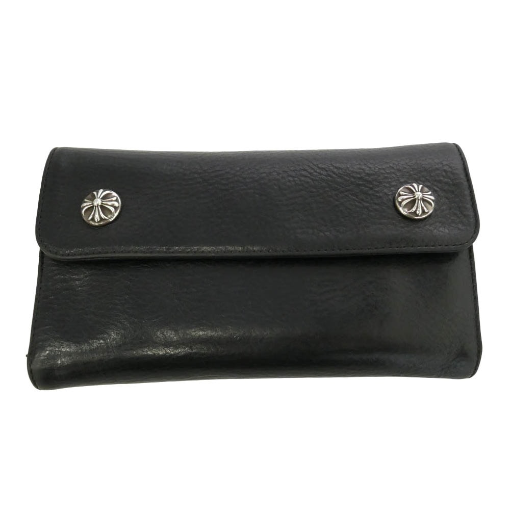 CHROME HEARTS クロムハーツ(原本無) WAVE ウェーブ クロスボールボタン  レザー ウォレット 財布 ブラック系【中古】