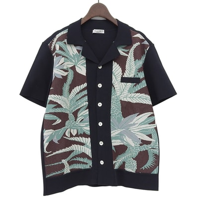 ヴァレンティノ 新品同様 レーヨン オープンカラーニットシャツ トップス メンズ ネイビー グリーン ブラウン S MV3KP02T45W S