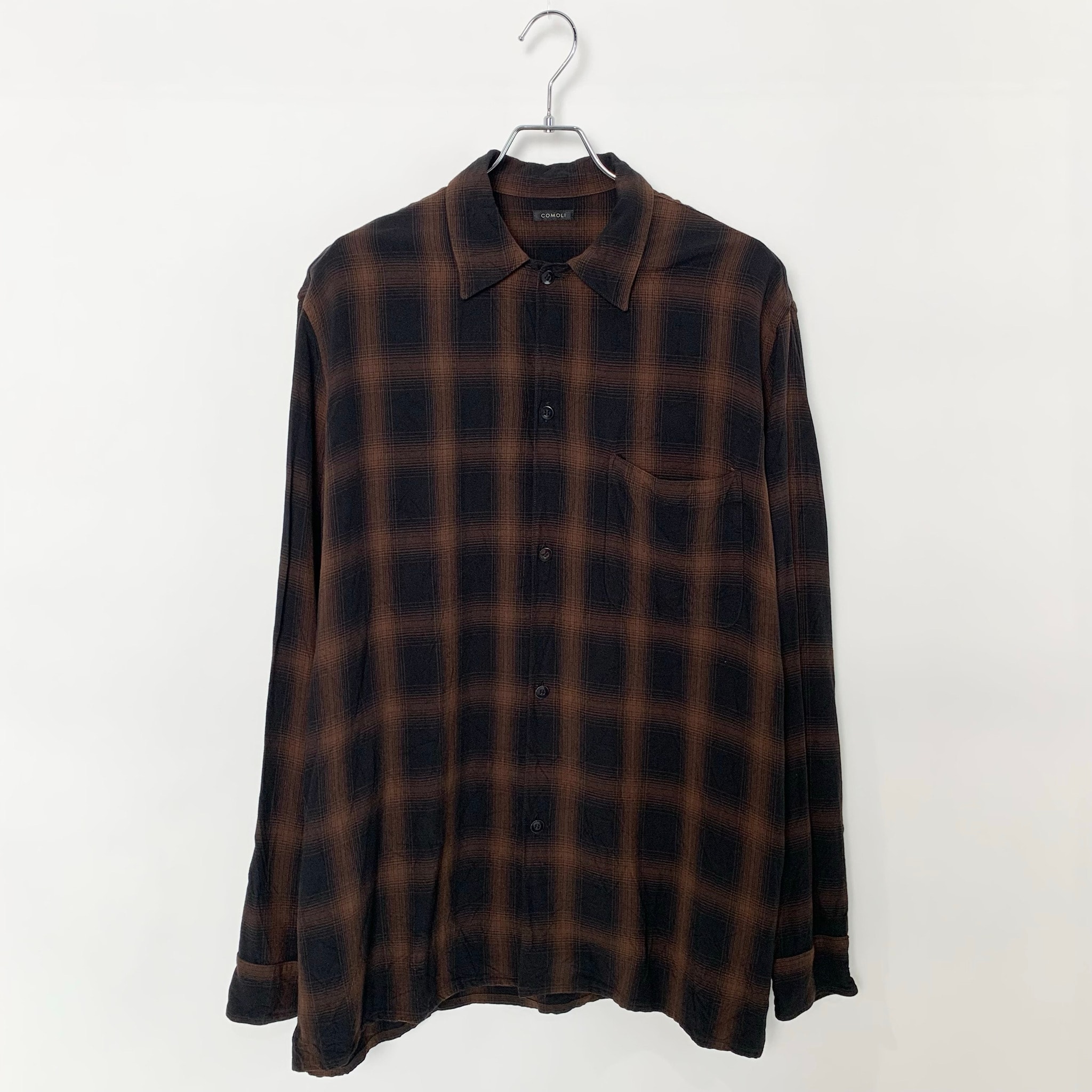 COMOLI Rayon Open Collar Shirt "Check"