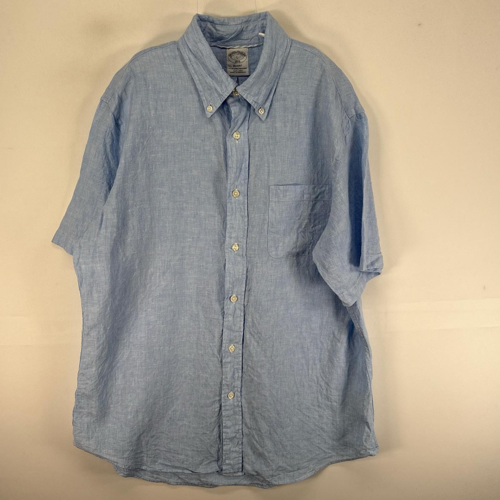 古着 ブルックスブラザーズ Brooks Brothers 半袖シャツ リネン 胸ポケ ボタンダウン L  ブルー系 無地 メンズ